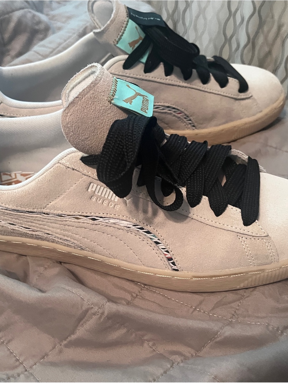 Puma Suede Sneakers in Beige with Mint Tongue and Black Laces